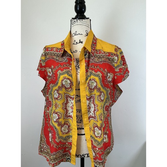Pura Vida Button-Up Top Short Sleeve Paisley Print Blouse Yellow Red L - Picture 3 of 5